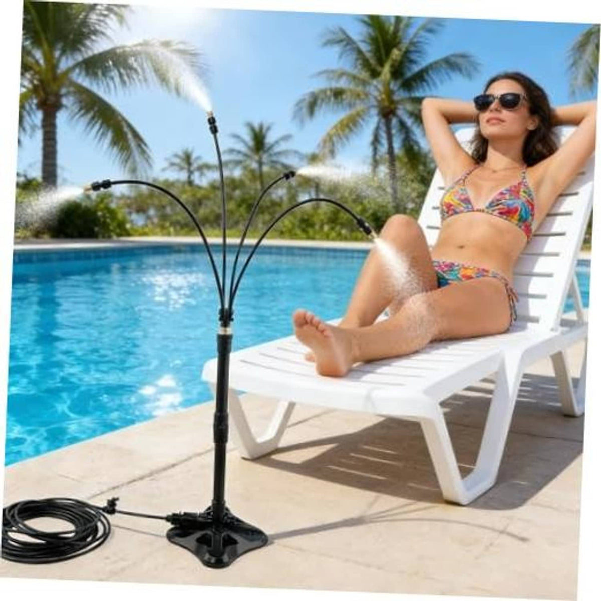 Black standing patio misting pole with multiple spray nozzles and looping hose