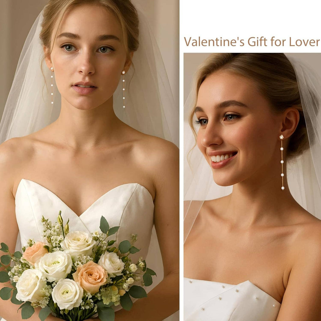 Gold pearl drop earrings with dangling white pearls on woman with veil