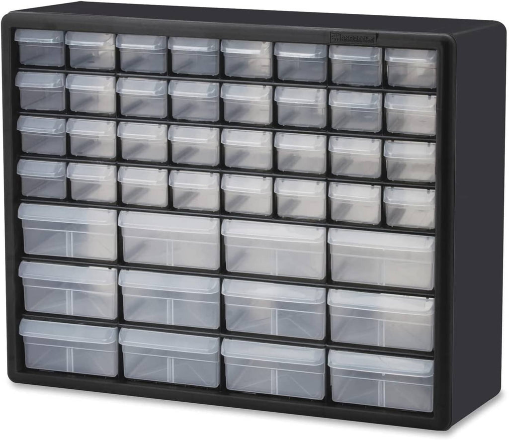 Black plastic drawer storage cabinet with 44 clear stackable drawers