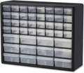 Black plastic drawer storage cabinet with 44 clear stackable drawers