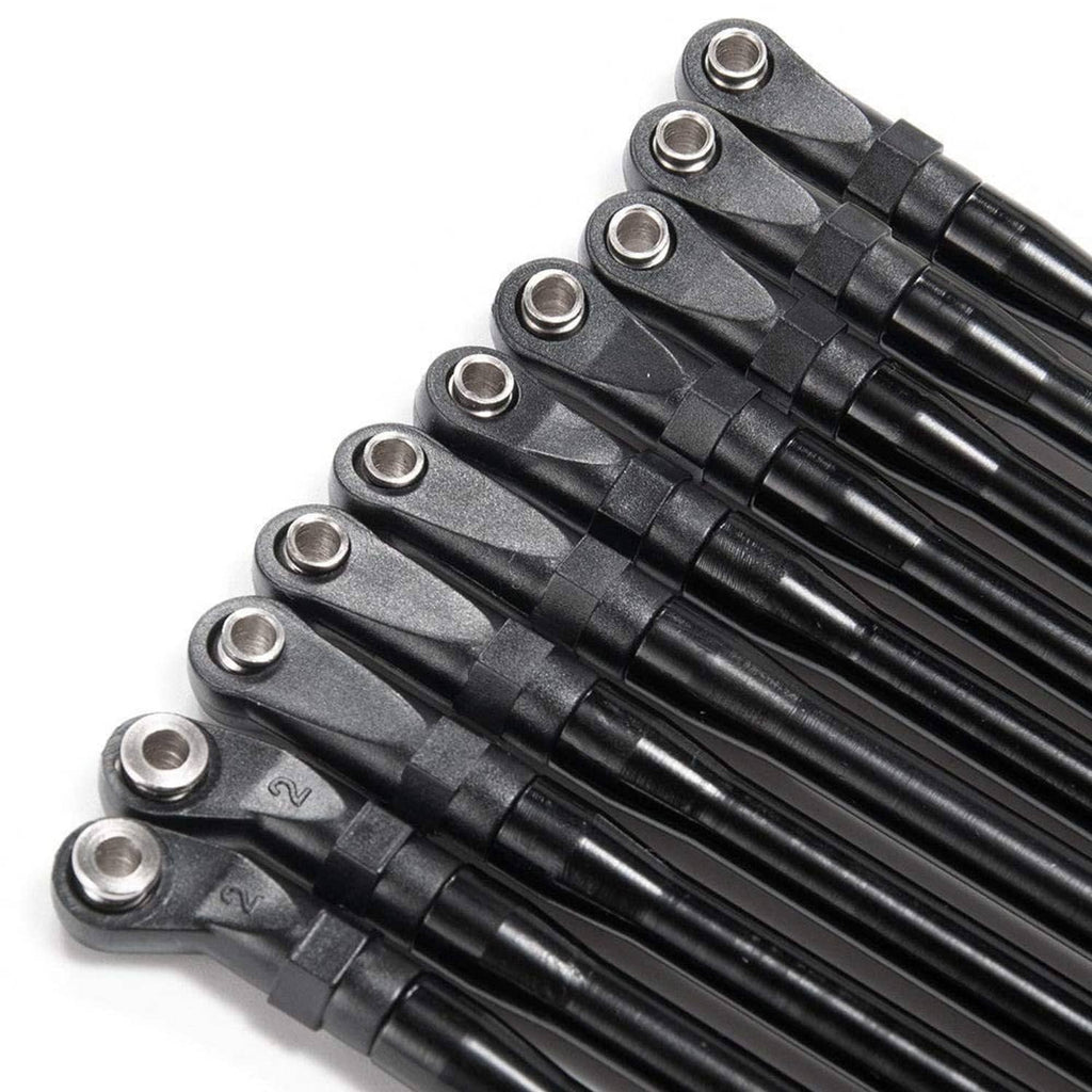 Close-up of black rod linkage bars with silver end eyelets and knurled joints