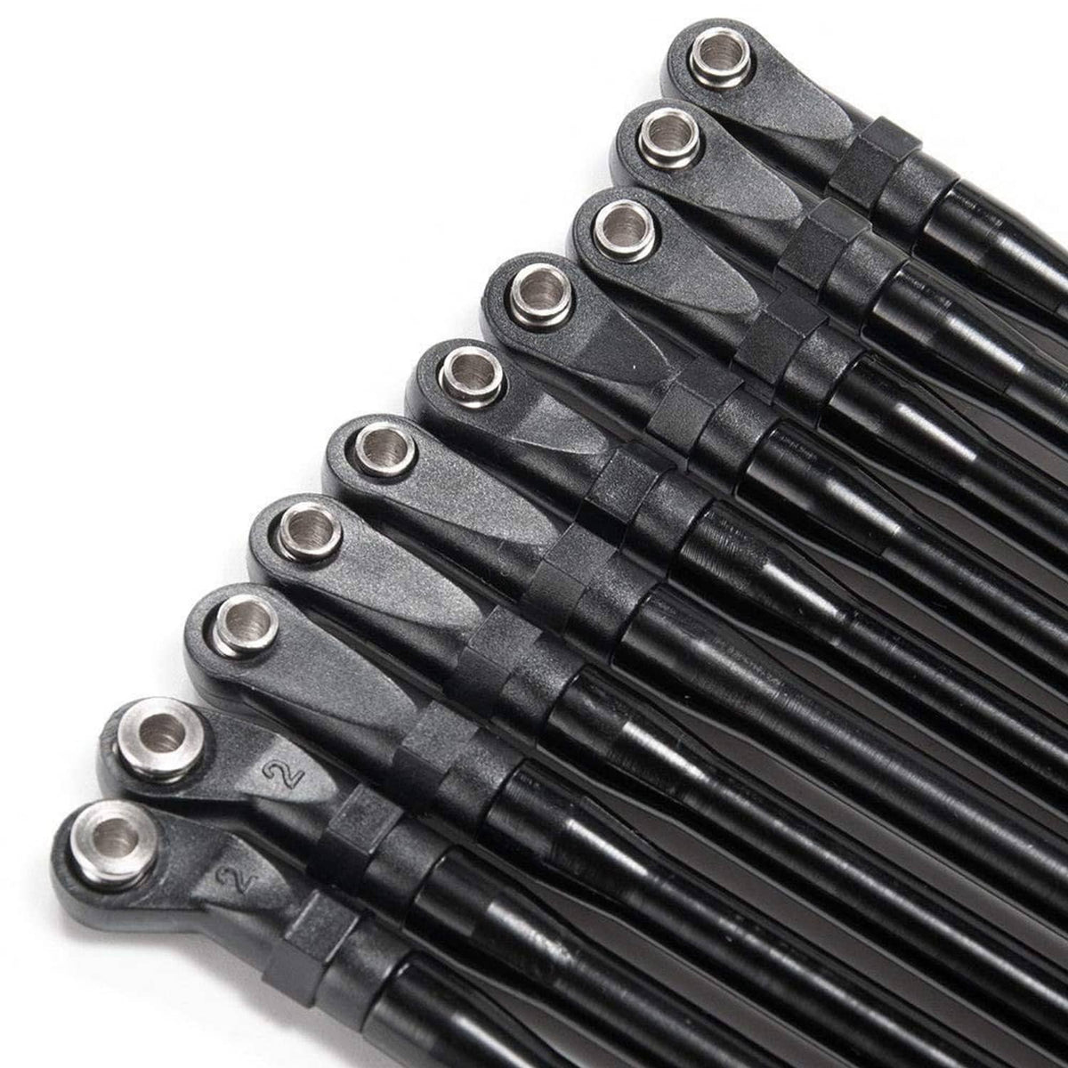 Close-up of black rod linkage bars with silver end eyelets and knurled joints