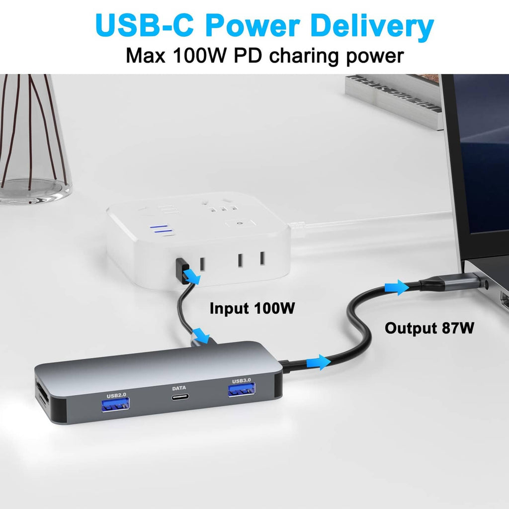 USB-C docking station with 100W PD input and charging output for laptops