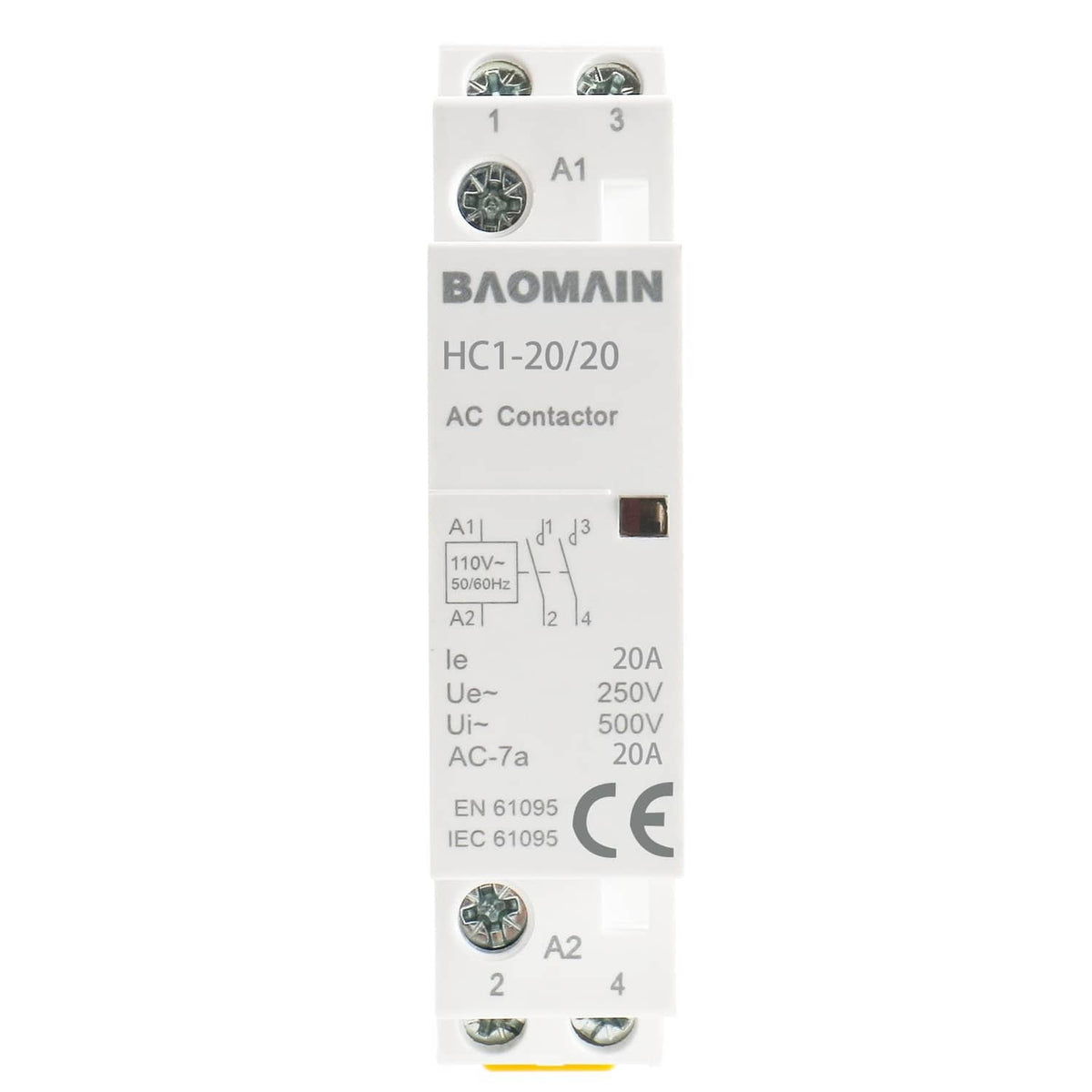 BAOMAIN HC1-20/20 AC contactor, front view, white housing with terminal markings