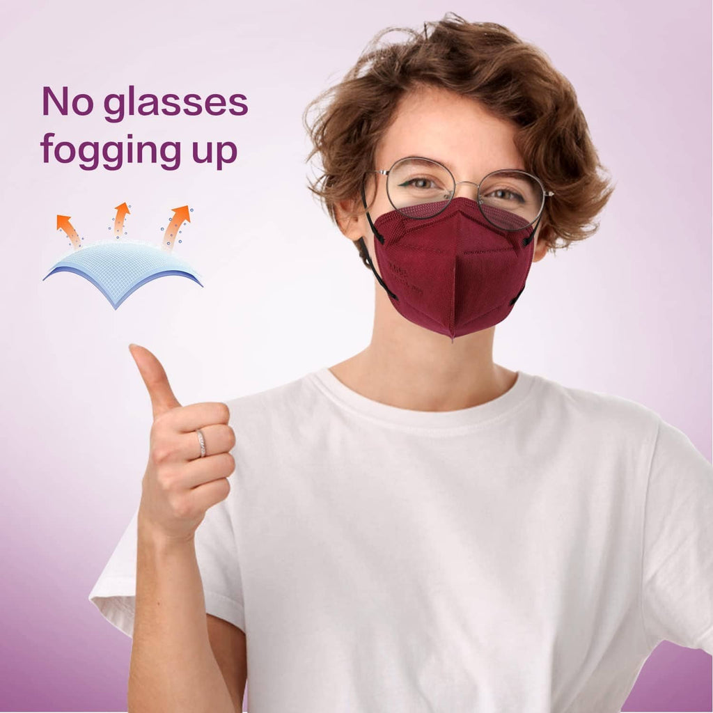 Red KN95 face mask covering nose and mouth on person, front view.