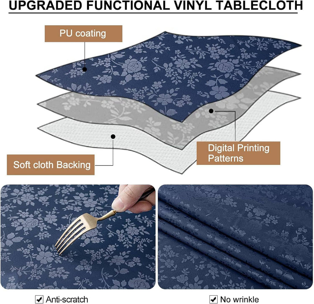 Blue floral vinyl tablecloth with PU coating layers and soft cloth backing diagram
