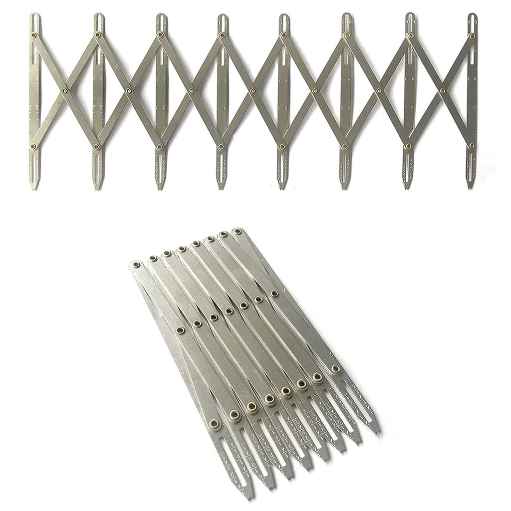 Aluminum button spacing guide set with hinged rulers, multiple pieces in silver color