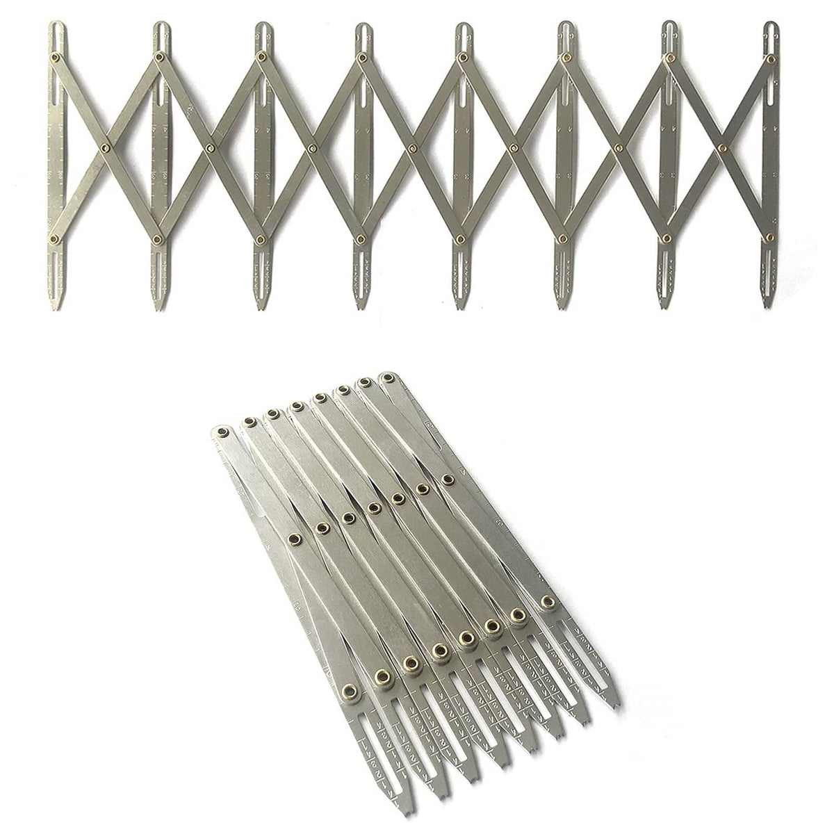 Aluminum button spacing guide set with hinged rulers, multiple pieces in silver color