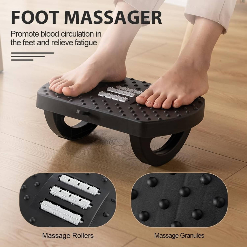 Black foot massager footrest with massage rollers and raised granule texture