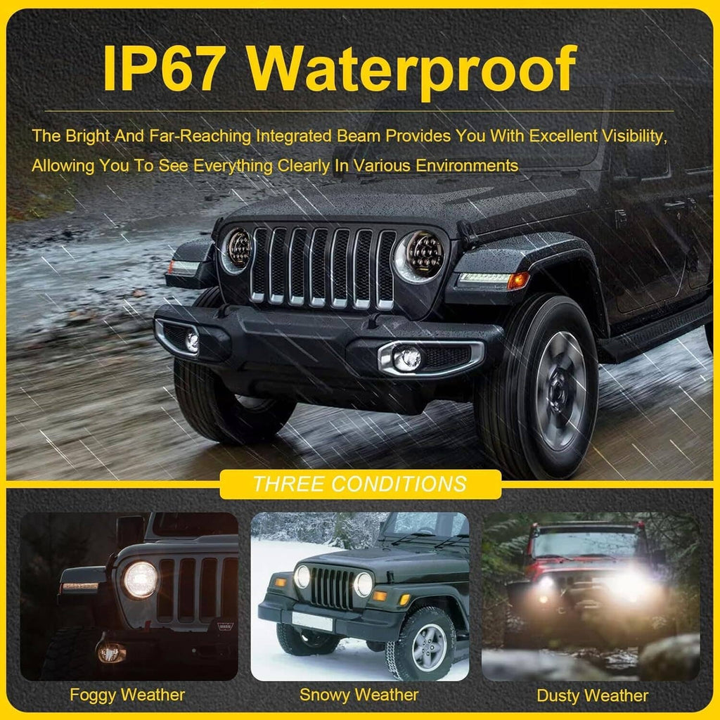 Round LED headlights mounted on front, black housing with bright white LED beam