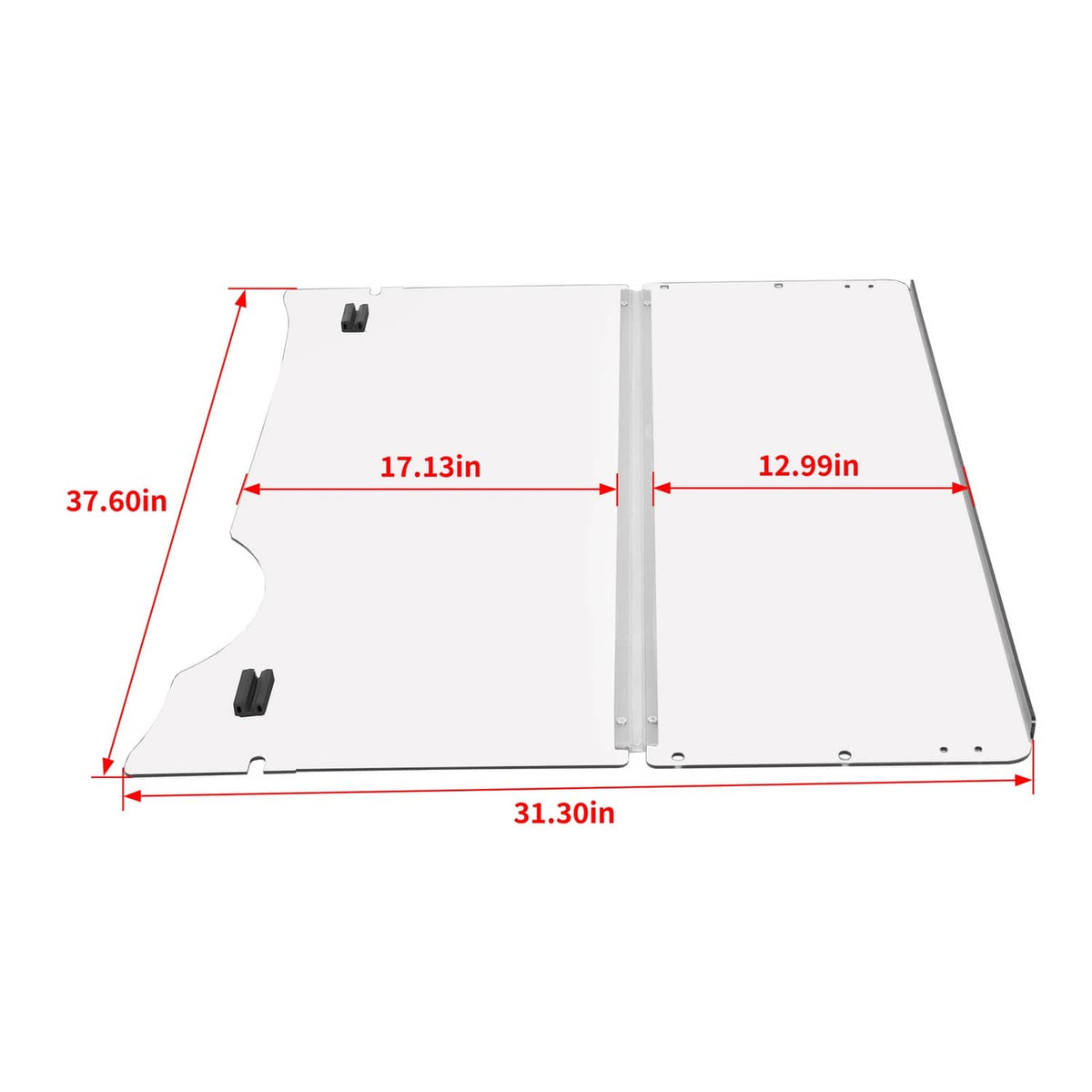 Foldable clear golf cart windshield panel with central hinge and size layout