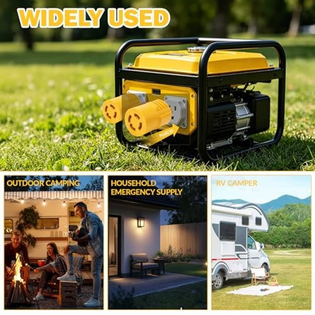 Yellow generator transfer switch adapter attached to portable generator