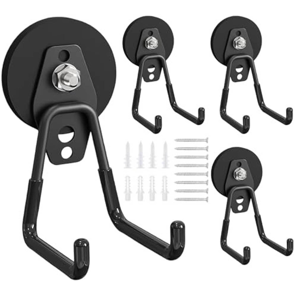 Set of 4 black heavy-duty magnetic utility hooks with screws and wall anchors