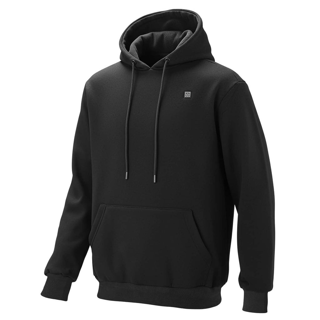 Black heated hoodie jacket with hood, drawstring, and front kangaroo pocket