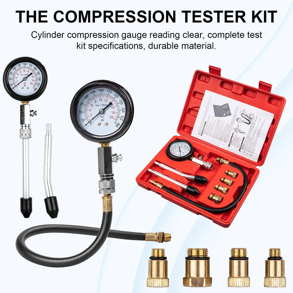 Compression tester kit with pressure gauge, hoses, and multiple brass adapters in case