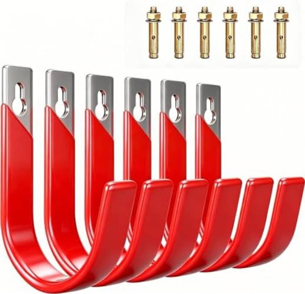 Six red heavy-duty wall hooks with gray plates and brass mounting hardware