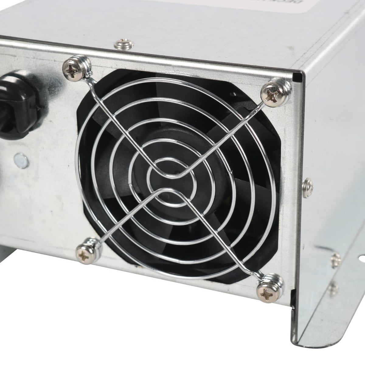 Power converter charger front fan grille with circular fan, vented metal case