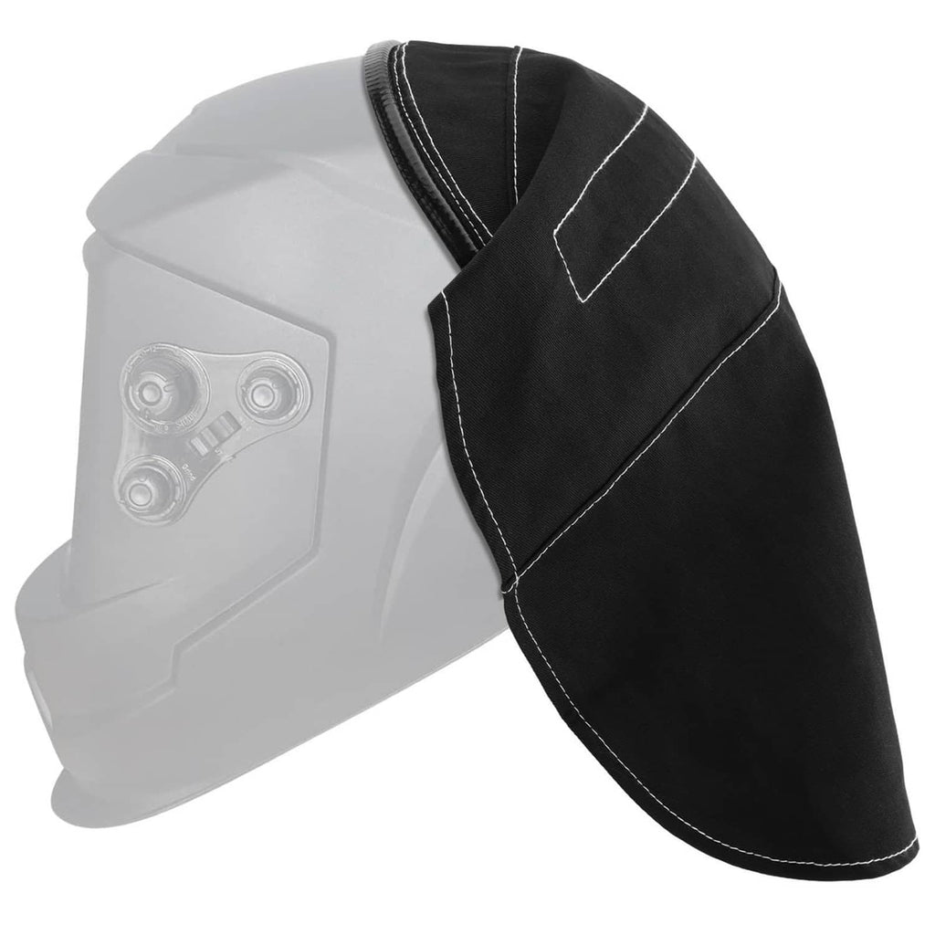 Black welding helmet cover with extended neck flap and stitched edges