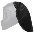 Black welding helmet cover with extended neck flap and stitched edges