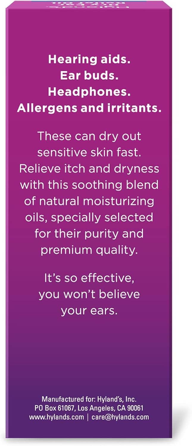 Purple back panel of ear relief oil with text block and product information