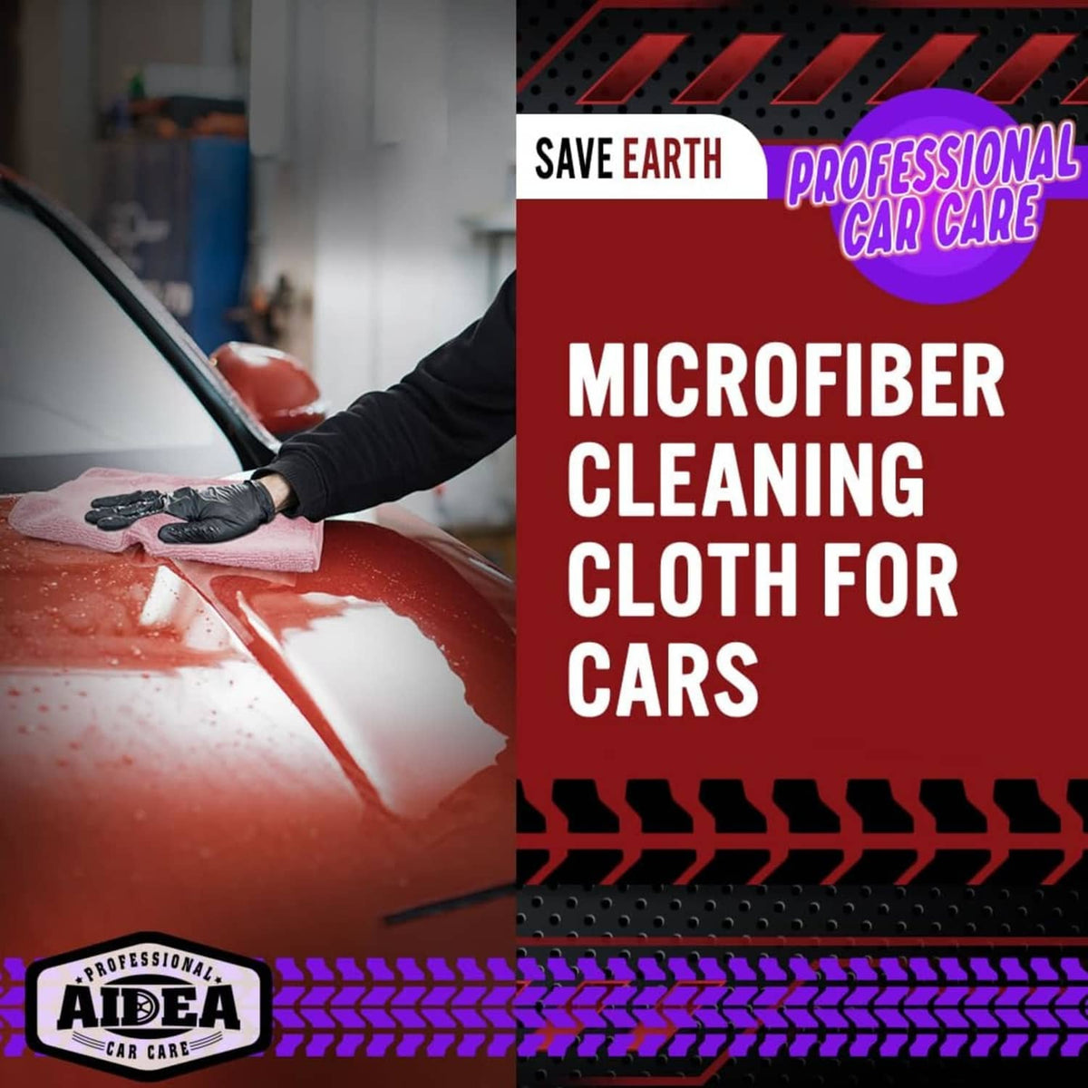 Pink microfiber cloth cleaning a car hood, held by gloved hand