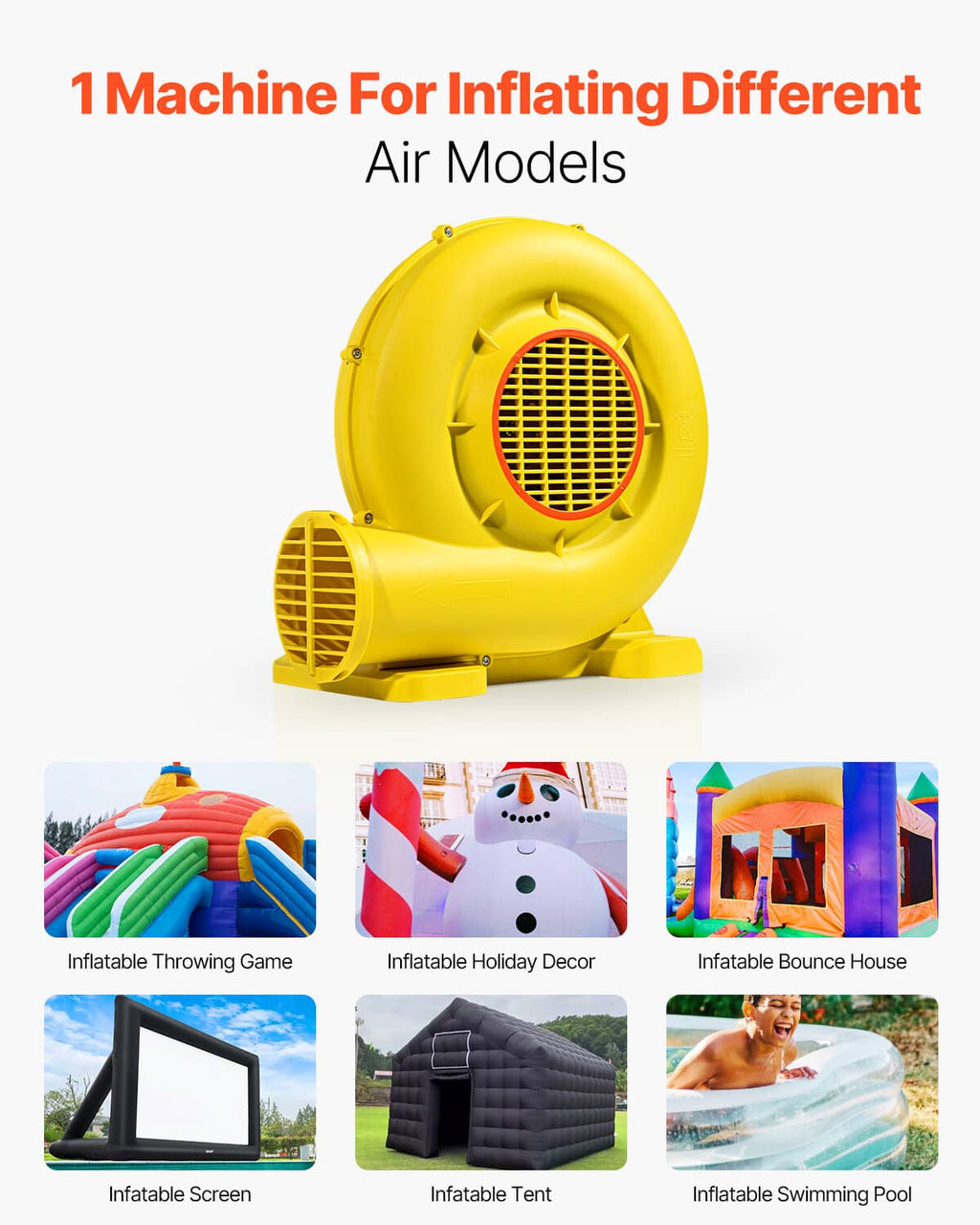Yellow inflatable air blower pump fan, upright with front fan grille and base stand