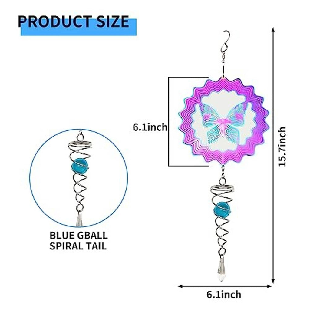 Butterfly wind spinner, about 6.1 in wide multicolor ruffled disc with blue orb spiral tail