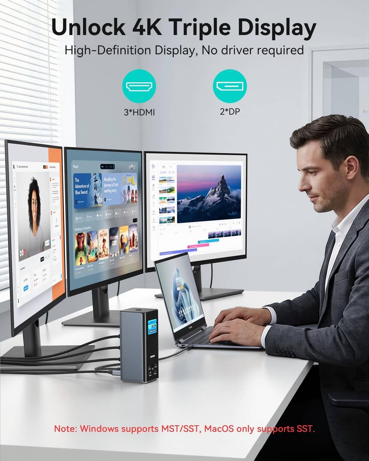 USB-C docking station in triple-display setup for 4K output, slim compact design