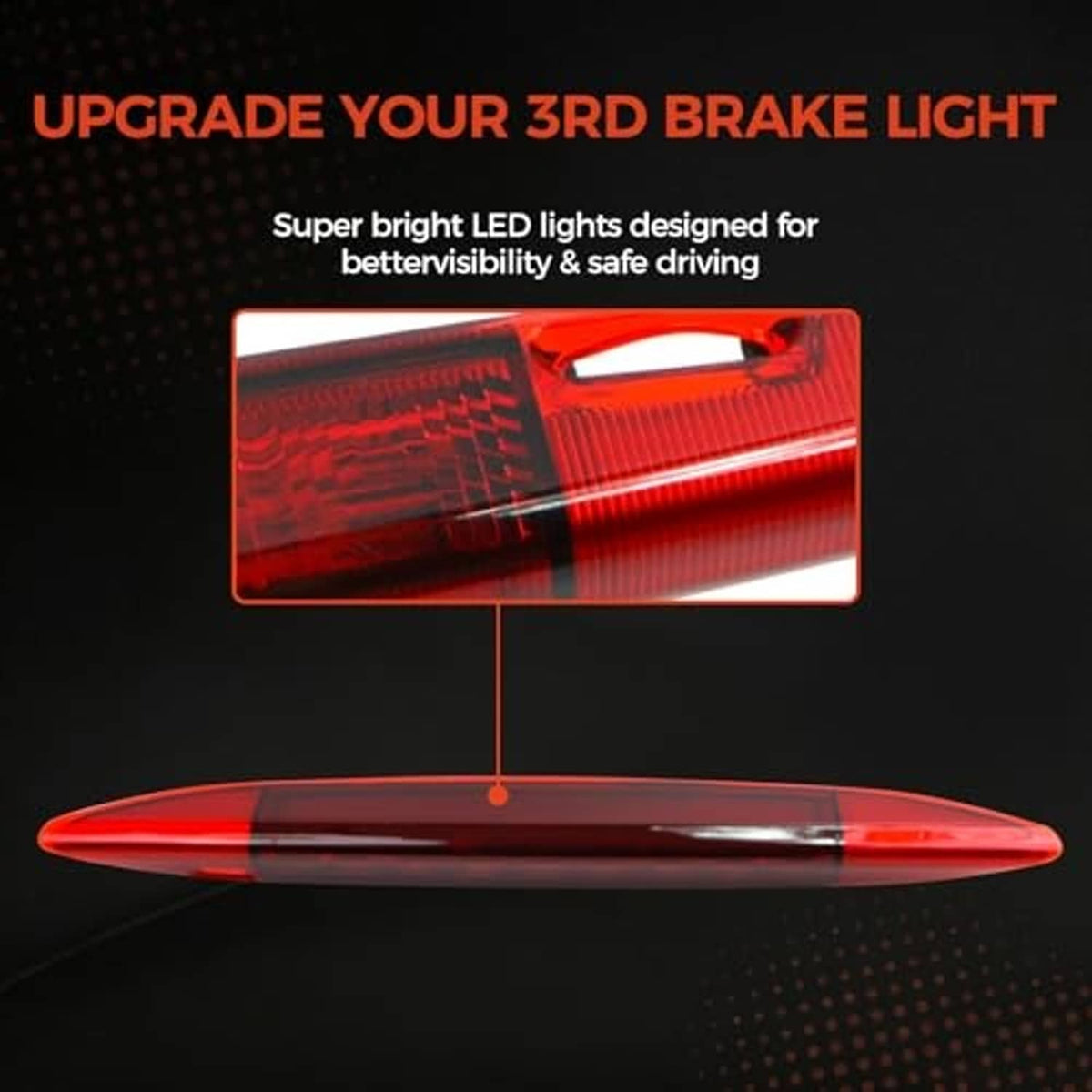 Red LED third brake light bar, bright lens detail view