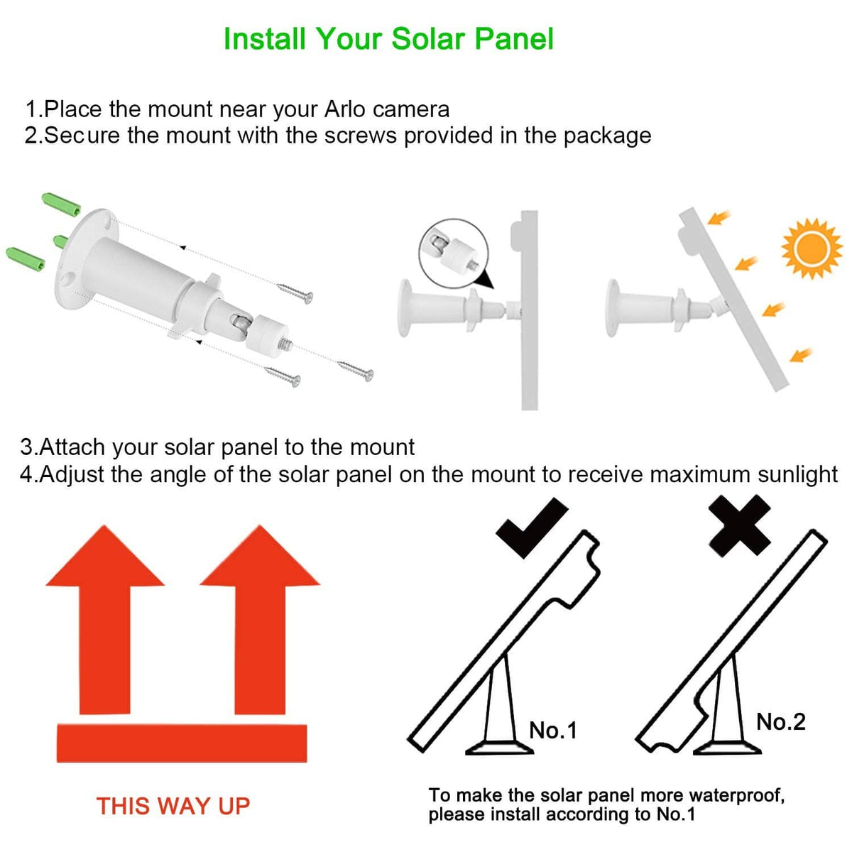 Installation guide diagram for solar panel mount and angle adjustment components