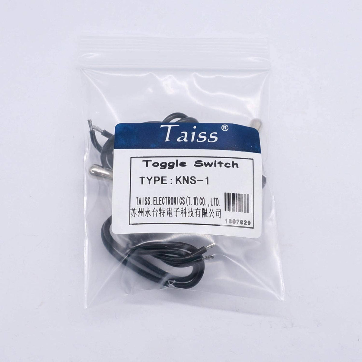 Taiss toggle switch pair in clear bag with label and black wire leads