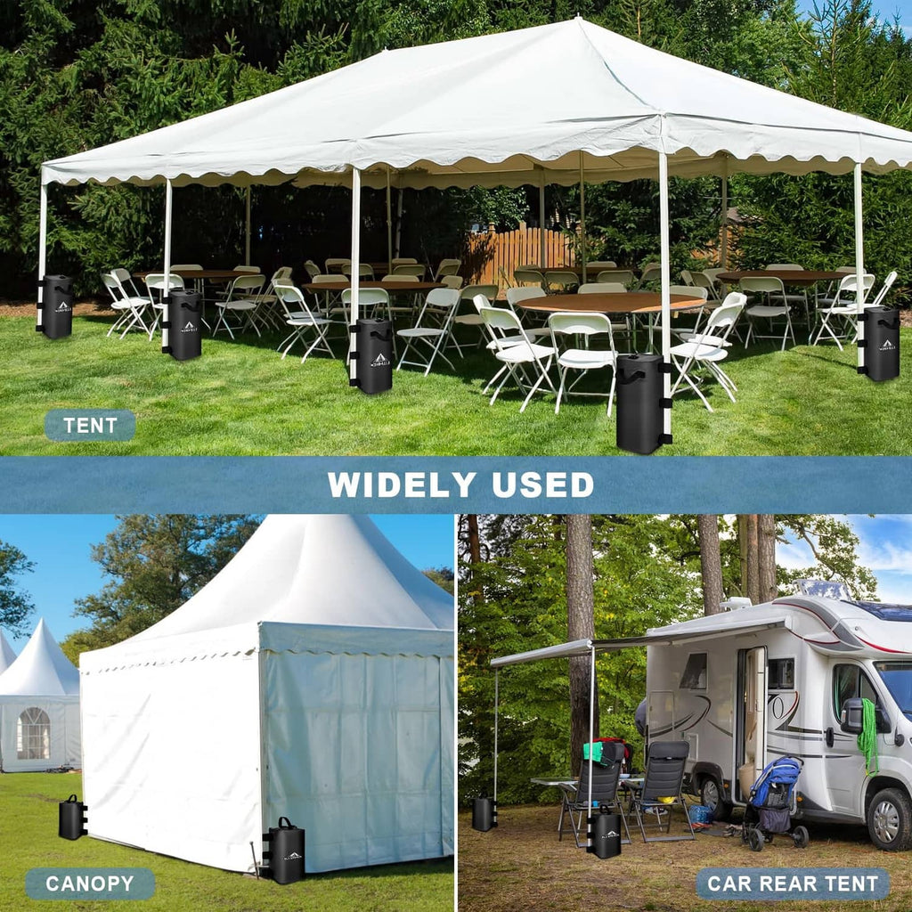 Black canopy water weight bags placed at a white tent/canopy base corners