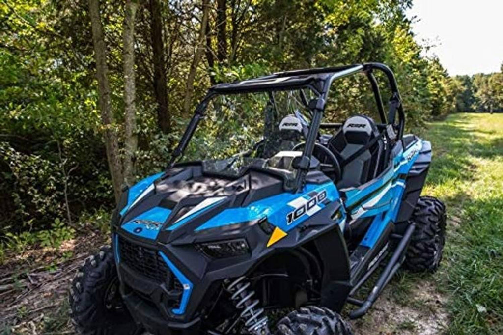 Front windshield for off-road UTV, clear panel with black frame on blue RZR