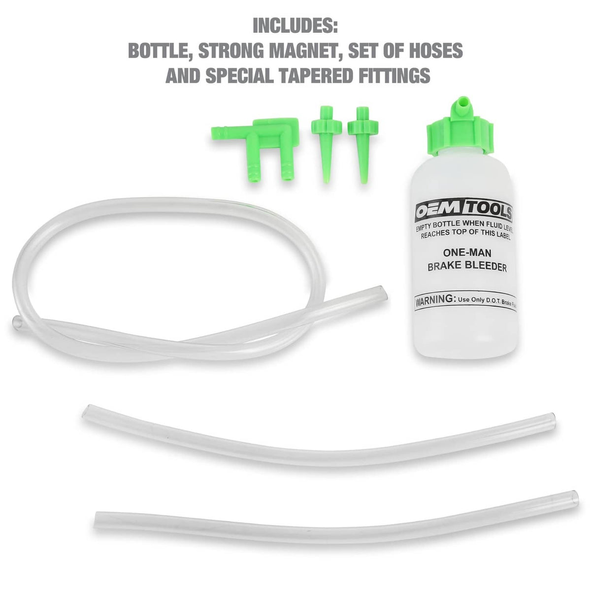 Included brake bleeder parts: bottle, magnet, clear hoses, and green fittings