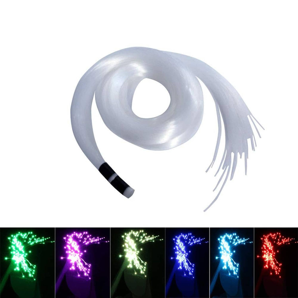 Clear fiber optic light cable bundle with loose strands, white protective coil