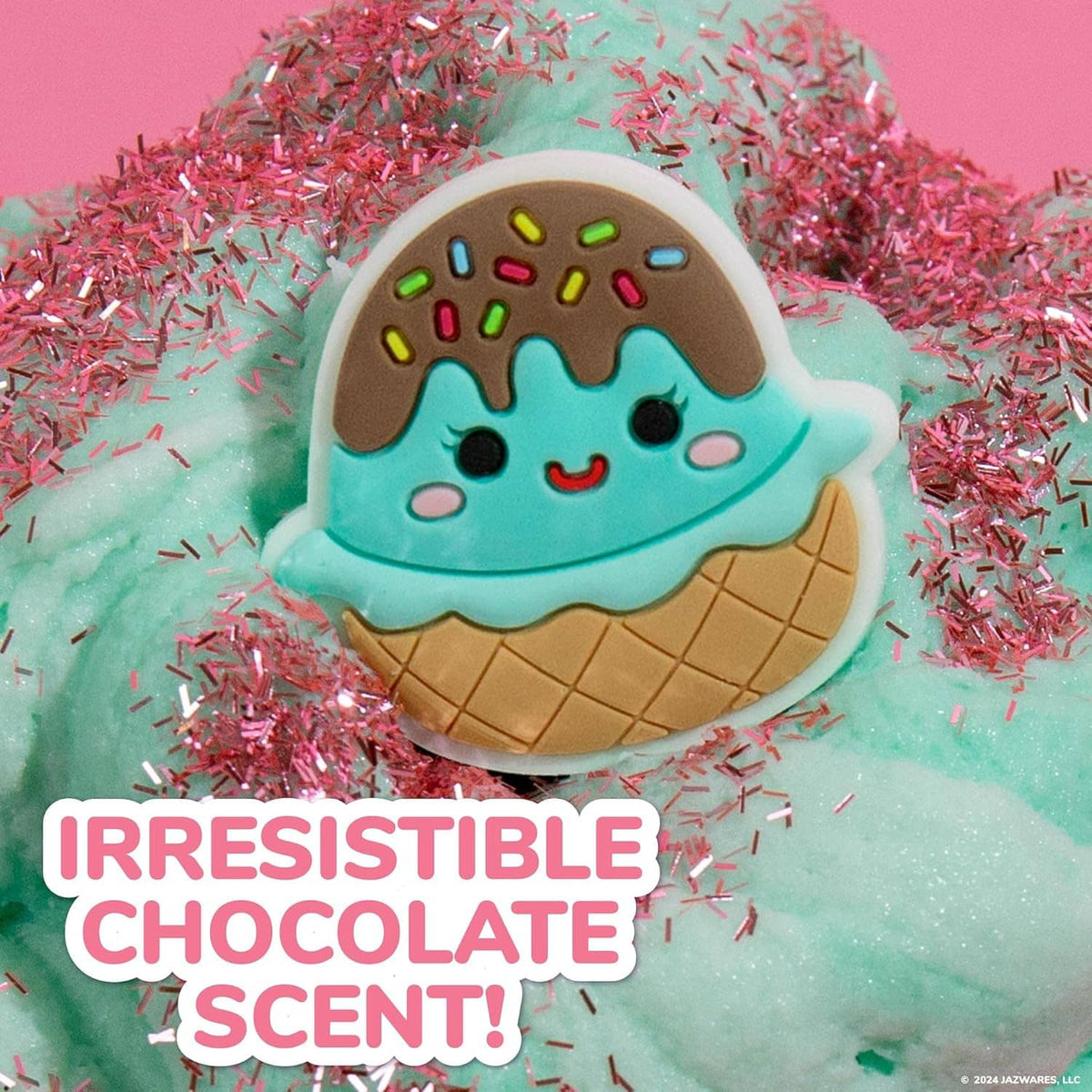 Teal cloud slime with brown ice-cream face charm and colorful sprinkle toppings