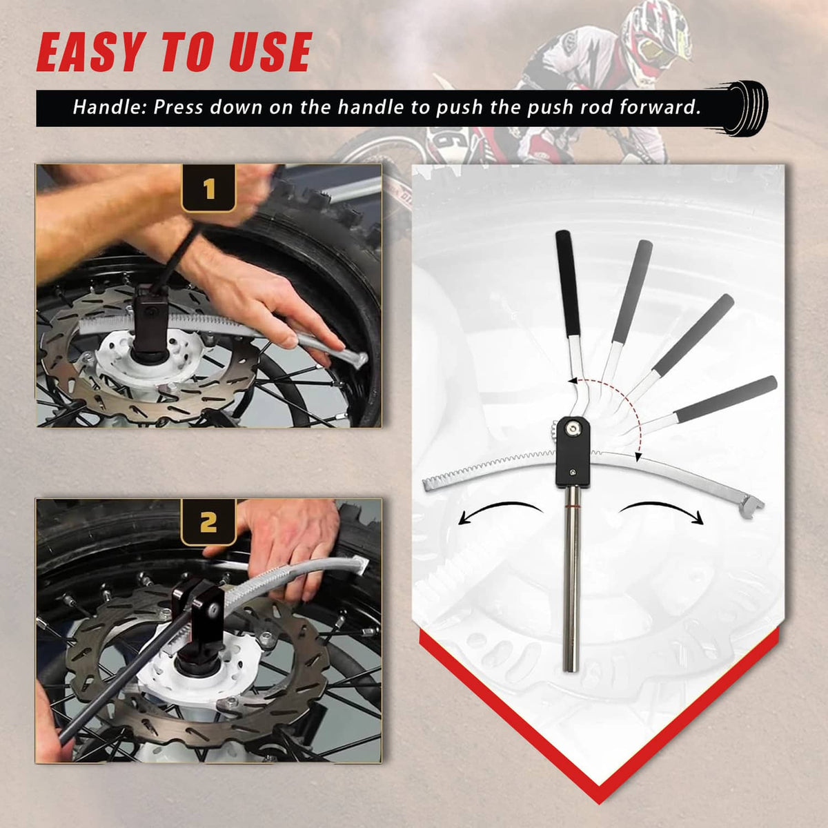 Easy-to-use dirt bike tire changer with handle, push rod, and multiple mounting levers