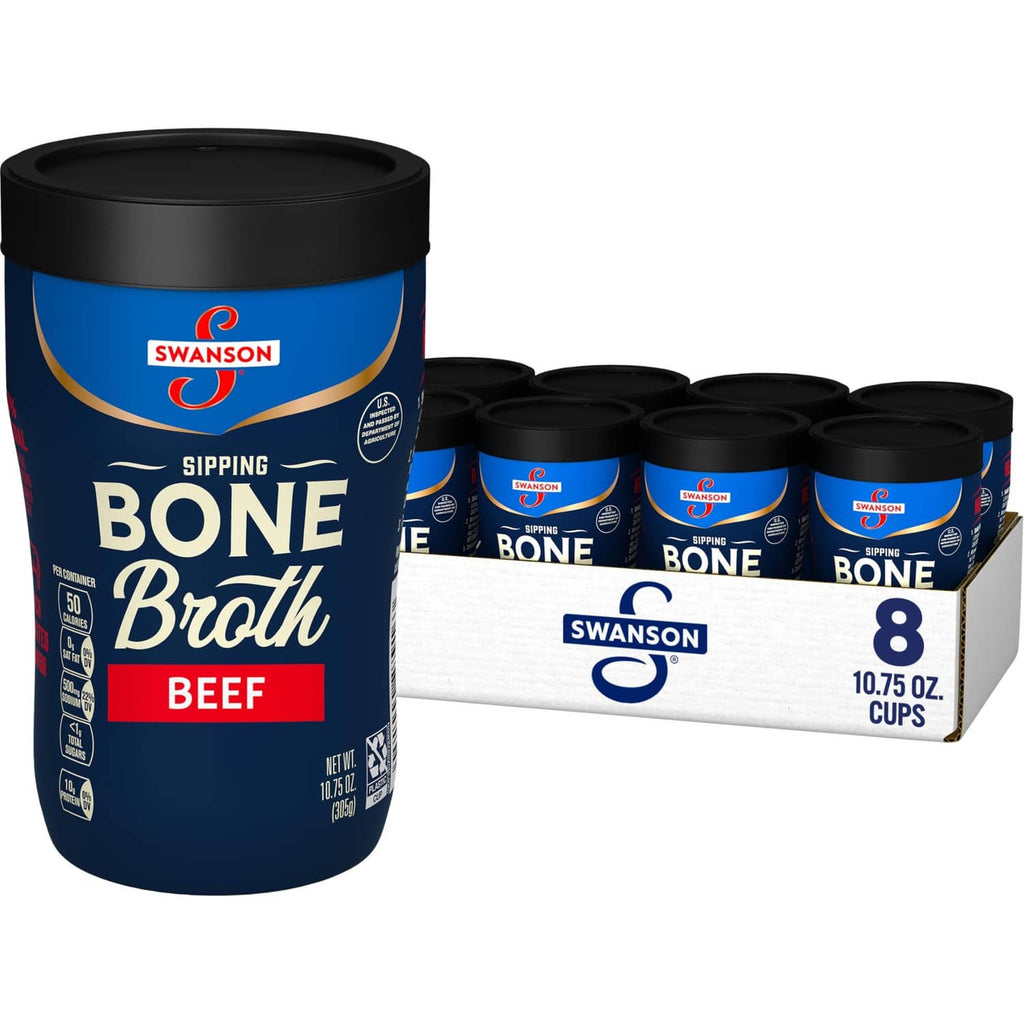 Swanson Sipping Bone Broth beef cups, shown with one container and 8-pack tray