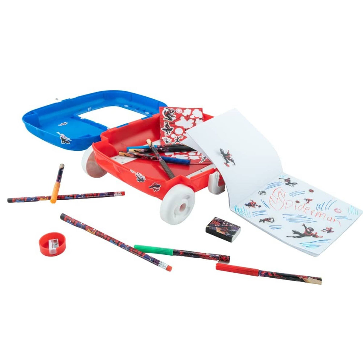 Rolling carry case with sketch papers, pencils, markers, and sticker sheet