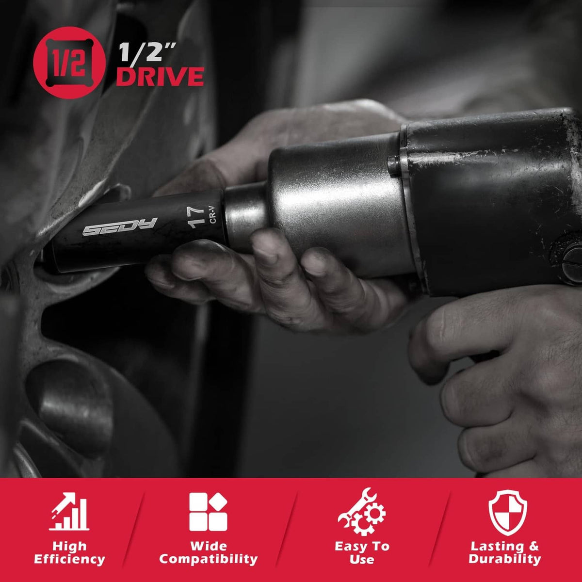 1/2 in drive deep impact socket attached to a power tool by a hand