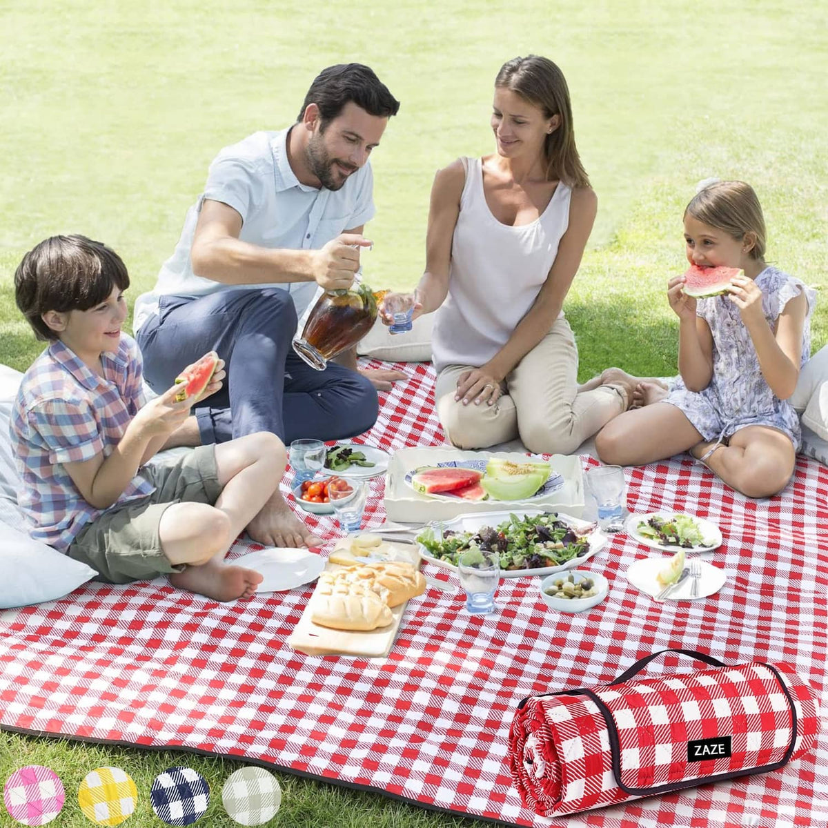 Red and white checkered picnic blanket, extra-large with rolled strap