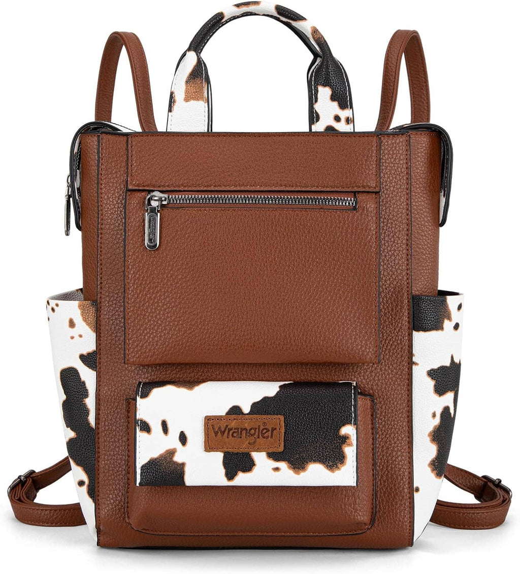 Cow print vegan leather backpack purse, front zip pocket, top handles