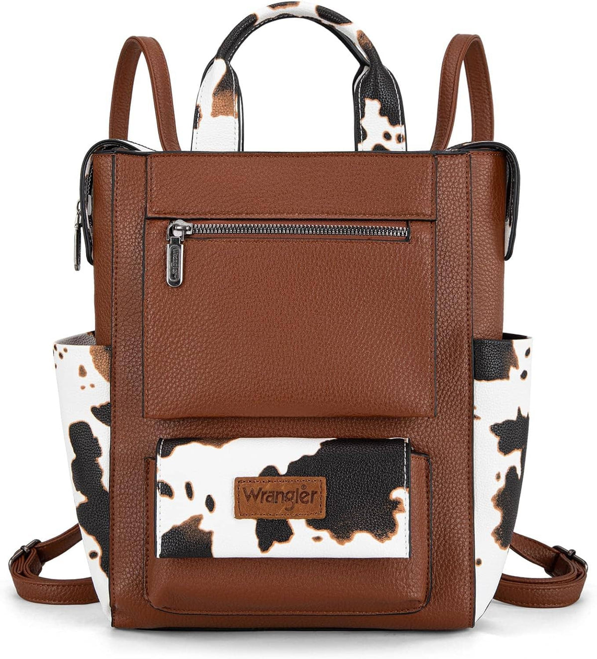 Cow print vegan leather backpack purse, front zip pocket, top handles