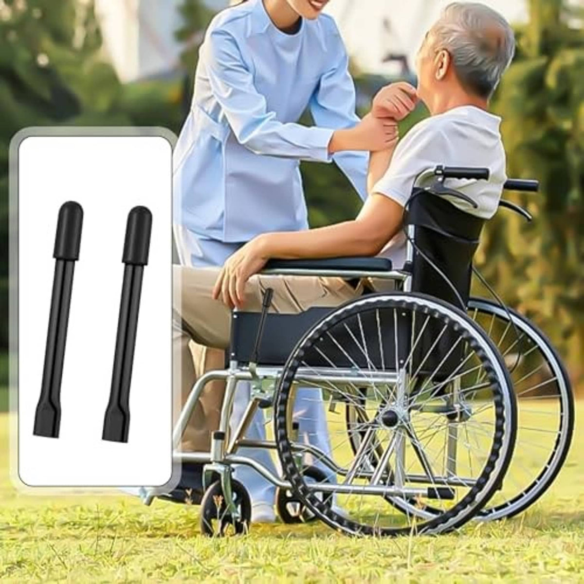 Wheelchair brake handle extenders, black metal pair with rubber top caps