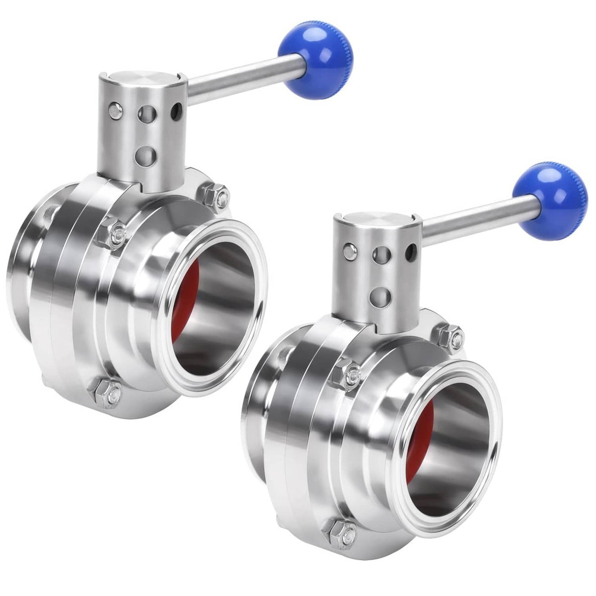 Stainless steel tri-clamp butterfly valve with blue pull handle and tube ports