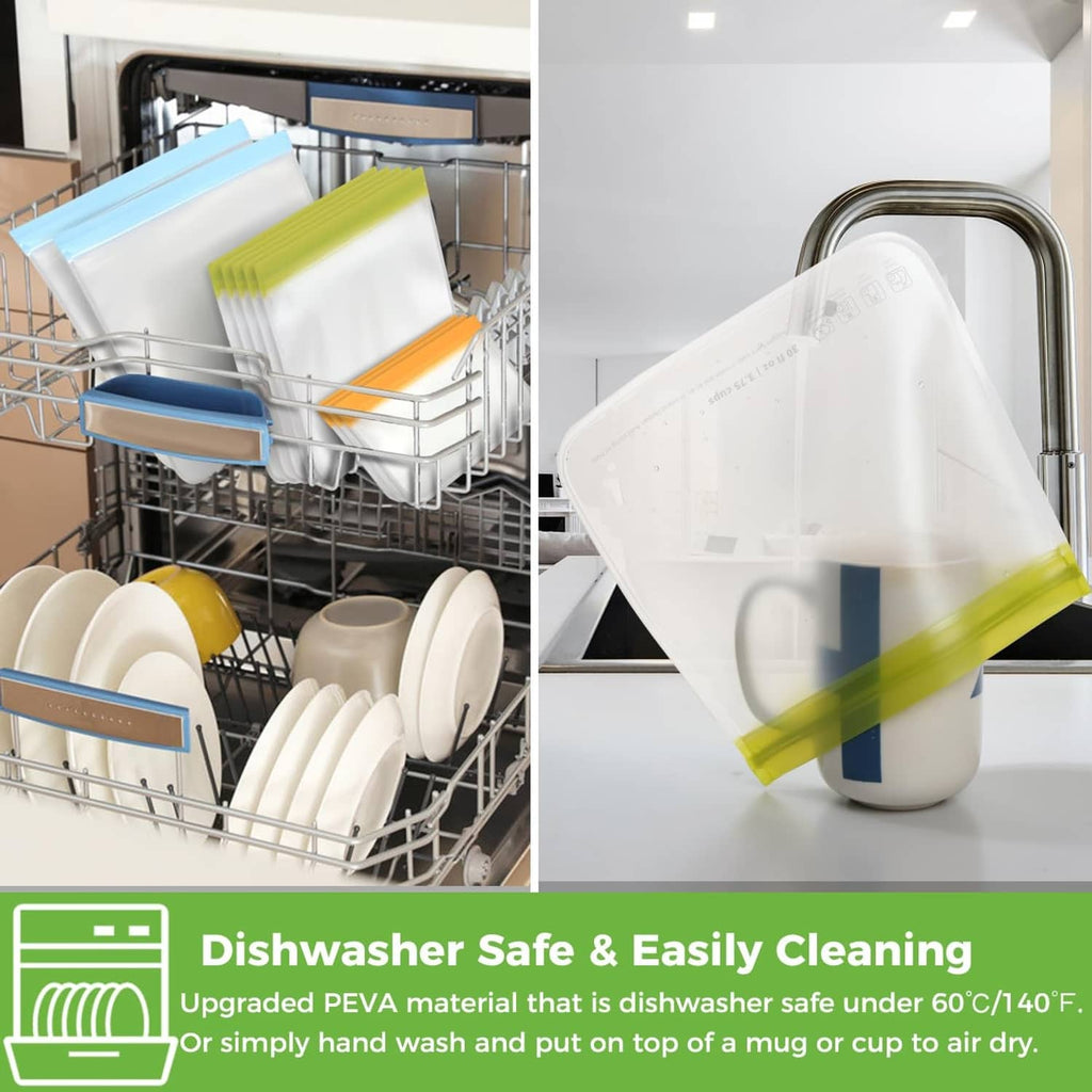 Reusable freezer bags placed in a dishwasher rack for easy cleaning