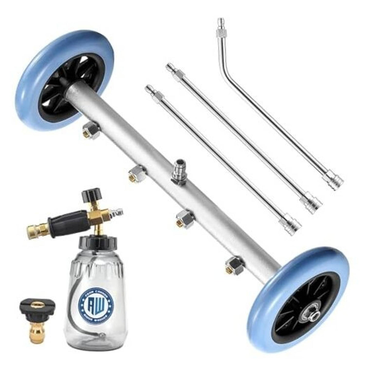Pressure washer undercarriage cleaner kit with blue wheels, wand, foam bottle, connectors