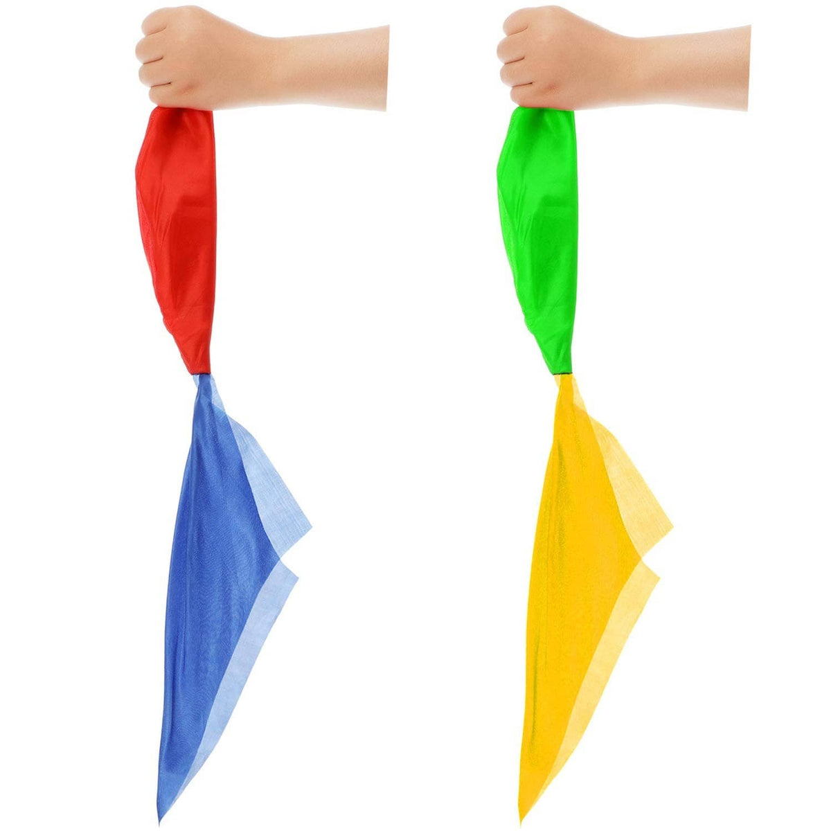 Color-changing silk hanky scarf prop with red, blue, green, yellow panels
