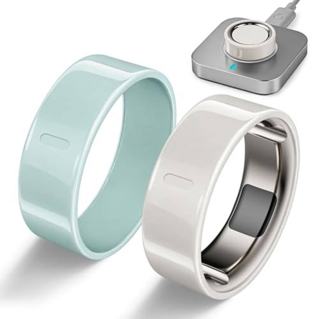 Pair of ring covers in mint and white with open interior for a smart ring
