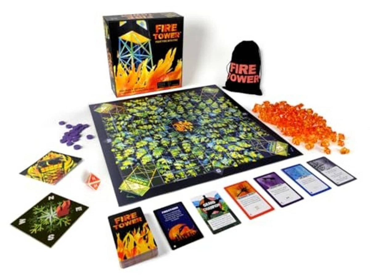 Fire Tower board game set with game board, cards, and colored pieces